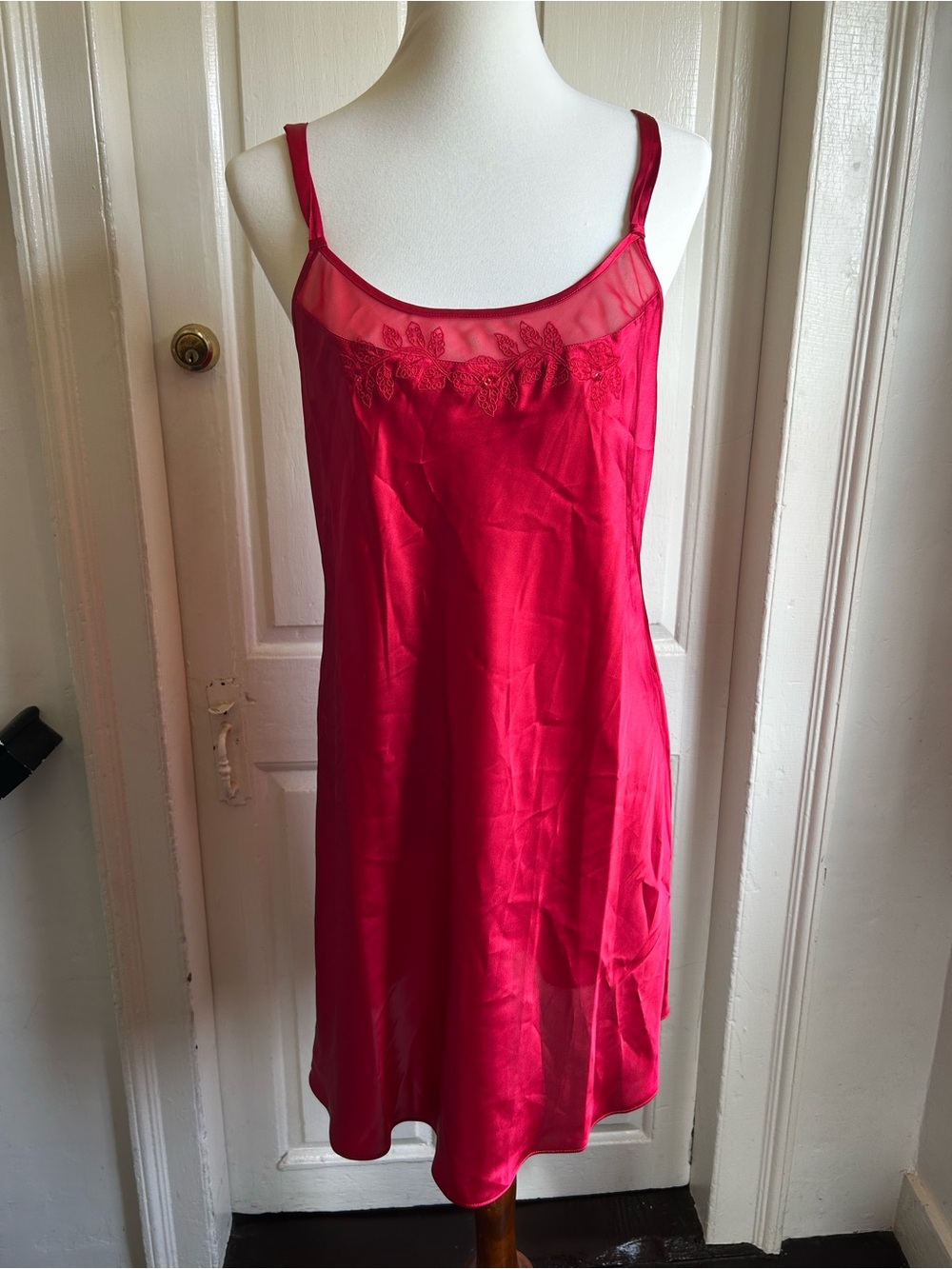 Vintage Y2K 2000s Morgan Taylor Red Satin Chemise Nightgown Sheer Mesh Lace
